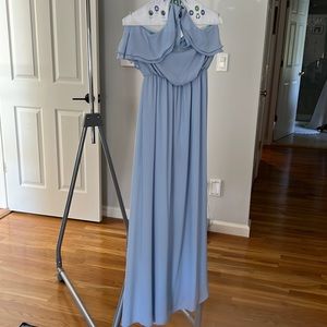 Light blue halter dress.